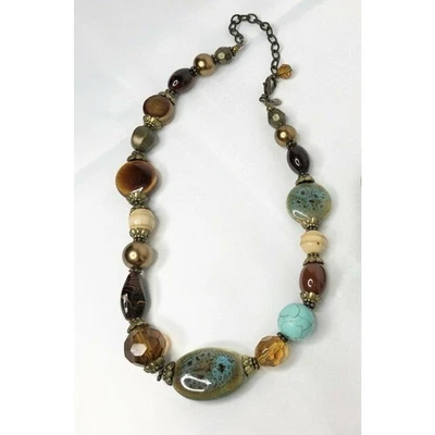 Collar Premier Designs Grueso Boho Marrón Azul Bronce Piedras 16" Caza del Tesoro Foto 1 de 4