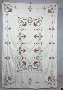 Vintage French Beautiful Floral Hand Embroidered Tablecloth Bedspread 240x153 cm - Picture 1 of 14