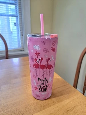 CANECA DE VIAGEM FLAMINGO NOVA SEM ETIQUETAS FLOCK STAR 14 OZ AÇO INOXIDÁVEL ROSA PALHA FRIA QUENTE  - Imagem 1 de 4