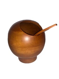 MCM Vintage Atomic Sfera in Legno Noce Ciotola con Cucchiaio Piatto Retrò Salina - Foto 1 di 8