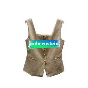Sezane French Retro Comfortable Linen Slim Front Button Vest Pocket Vest Top - Picture 1 of 24