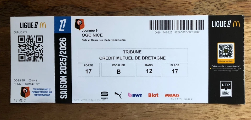 Ticket/Billet du match football  Nice OGCN 2025-2026 - Photo 1/1
