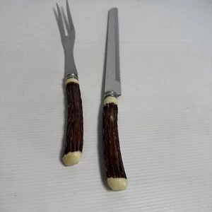 Meat Carving Knife & Fork Set Stainless Steel Faux Bone Antler Handles Vintage - Picture 1 of 10