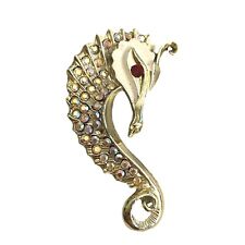 Vintage Gold Tone Seahorse Brooch Pin Red Eye Glass 2.25" Fashion Jewelry