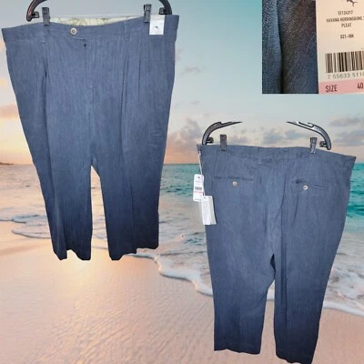 Tommy Bahama Pants Mens 40x26 Havana Herringbone Ink Blue Pleated Silk "Altered" - Image 1 of 4