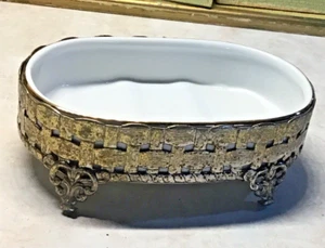 VTG  Gold Style Built Basket Weave Soap Dish Porcelain Insert Victorian Footed - Picture 1 of 4