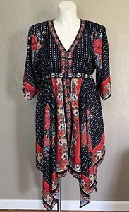 Flying Tomato Bohemian Boho Scarf Hem V-Neck Flowy Dress Blue Red White Size LG - Picture 1 of 5