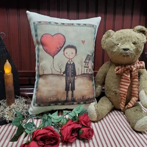 VINTAGE FOLK ART PRIMITIVE VICTORIAN STYLE VALENTINE BOY PORTRAIT POEM PILLOW - Picture 1 of 15