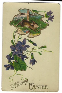 Una Feliz Pascua Vintage Postal Alemana Conejo Flores Brillante - Imagen 1 de 2