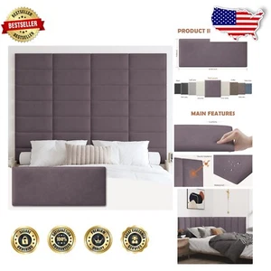 Elegant Wall Mounted Upholstered Headboard Queen - Soundproof Dark Purple Panels - Picture 1 of 9