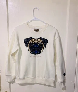 Ambler ae Women Small Cream Crewneck Embroidered Pug Art Streetwear 100% Cotton - Picture 1 of 9