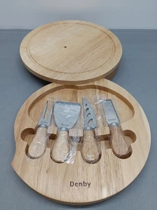 Denby Wooden Swivel Top Cheese Board 4 Piece Tool Set Charcuterie Tray - Picture 1 of 10