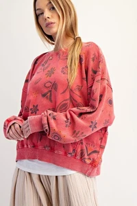 Sudadera Top Caballete Flores Silvestres Mineral Lavado Manga Larga en Rojo Boho - Imagen 1 de 5
