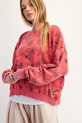 Easel Wildflowers Mineral Washed Long Sleeve Sweatshirt Top in Boho Red - Image 1 of 4