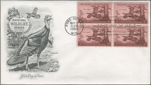 Scott 1077 FDC with block of 4 stamps - 3 cent - 1956 - Wild Turkey - FDOI - Picture 1 of 2