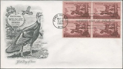 Scott 1077 FDC with block of 4 stamps - 3 cent - 1956 - Wild Turkey - FDOI - Image 1 of 2