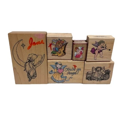 Винтажные деревянные резиновые штампы лот из 6 ангелов херувимов фей эльфов купидонов детей - Изображение 1 из 4