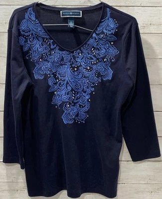 Karen Scott Blue V Neck Top Embroidered Paisley Silver Studs Sz Med 3/4 Sleeves - Image 1 of 4