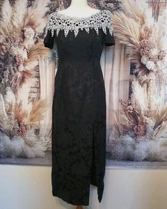 Vintage 80s Black Brocade Dress with Lace Collar | Handmade | Size 10 - Picture 1 of 6
