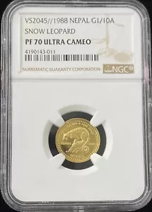 1988 // VS 2045 Nepal dinastía Shah 1/10 oz moneda de oro leopardo de las nieves NGC PF 70 - Imagen 1 de 2