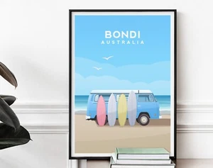 Bondi Beach Art Print, Australia Travel Poster, Van and Surf Board Illustration - Picture 1 of 5