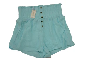 Pantaloncini corti Simply Southern vita alta finti bottoni schiuma di mare verde blu S/M - Foto 1 di 10
