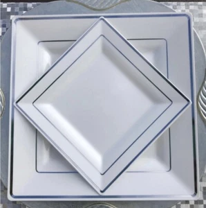 Square Disposable Plates White Silver Rim 50 Pack (25 dinner) (25 salad) - Picture 1 of 2
