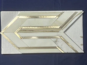 S28 Carrara White Gold Marble Arrow Mosaic Tile Kitchen Bathroom Polished - Picture 1 of 4
