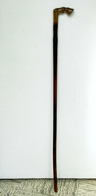 ANCIENNE CANNE en bois, poignée sabot décor fleurs, corne,  walking stick - Photo 1/4