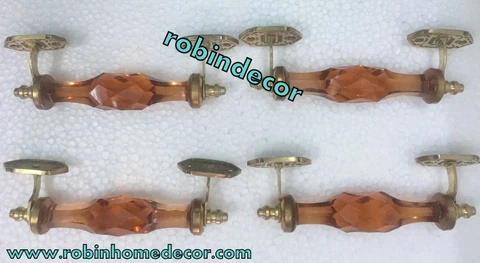 Unique Glass Amber Door Handle w Brass Puller Cabinet Cupboard 4 PcS Home Decor Cover