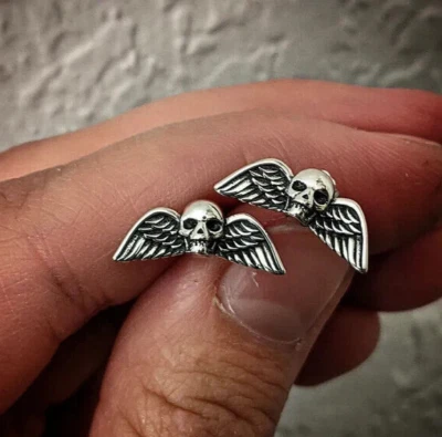 925 Sterling Silver Skull Wings Ghost Gothic Stud Post Vintage Dainty Earrings - Image 1 of 4