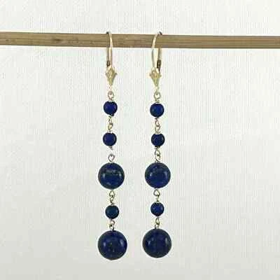 14k Yellow Gold Lever Back Blue Lapis Lazuli Handcrafted Drop Earrings - Image 1 of 4