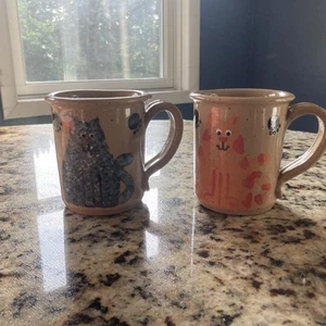 Three Rivers Pottery OH Vintage Cat And Mouse Coffee Mugs Blue Cat & Orange Cat - Picture 1 of 14