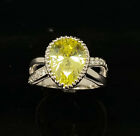 Solid Sterling Silver 925 Rhodium Pear Yellow Citrine & Cubic Zirconia Ring