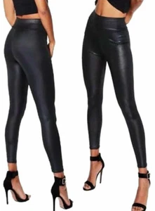 Damen Wet Look Leggings Kunstleder hochtailliert schwarz Stretch PVC Leggings - Bild 1 von 15