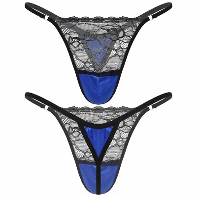 Herren Sissy G-String Panties Satin Blume Spitzen Transparent Tanga Thong Slip - Bild 1 von 2