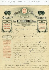 Dépt 89 - Fléys près Chablis - Très Belle Entête Grands Vins de Bourgogne - 1920 - Imagen 1 de 1