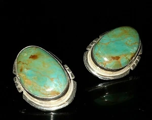 Navajo Signed Kingman Turquoise Post Sterling Silver Earrings  Cecil Atencio - Picture 1 of 12