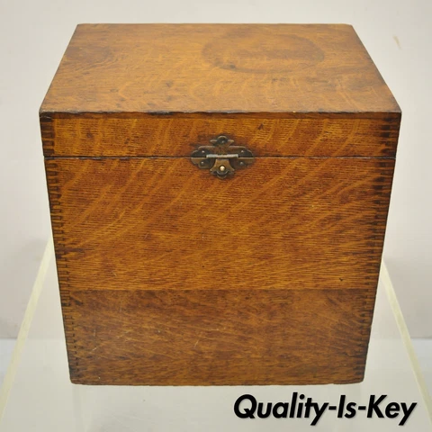 Antique 11" Oak Wood Arts & Crafts Storage Hinged Sewing Box Cover