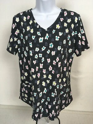 Scrub Star Womens Scrub Top Size S Gray w White Flowers Pockets Short Sleeves - Image 1 of 4