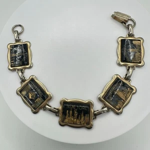 Vintage 1940s gold tone black cut glass intaglio cameos New York panel bracelet - Picture 1 of 9
