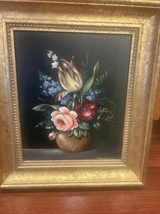 Ramo de flores original Francesca naturaleza muerta pintura al óleo vintage en marco dorado - Imagen 1 de 12
