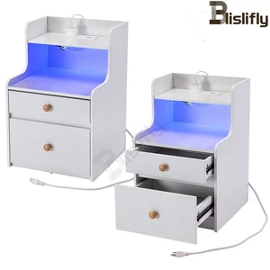 Set 2 Comodini LED Comodino 2 Cassetti con Stazione di Ricarica e Porte USB - Foto 1 di 12