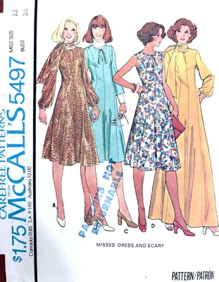 Vintage McCall's 1970s Sewing Pattern 5497 Misses Dress & Scarf  Size 12 UNCUT - Image 1 of 2