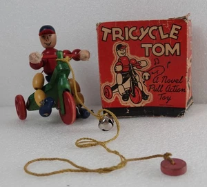 ANTIKES DREIRAD TOM HOLZ ROMAN PULL ACTION SPIELZEUG MIT BOX - Bild 1 von 10