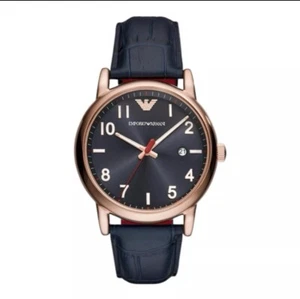 Emporio Armani AR11135 Herrenuhr Roségold Blau Leder 43mm 2-Zeiger-Datum - NEU. - Bild 1 von 2