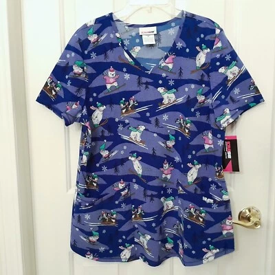 Womens Christmas Scrub Top Stretchy Scrubstar Polar Bears Colorful  M L 3XL  - Image 1 of 4