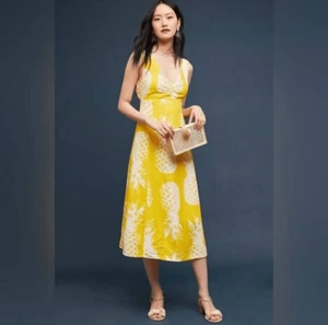 Anthropologie Maeve Yellow White Pineapple Midi Dress Sz 6 Rayon Linen Vacation - Picture 1 of 11