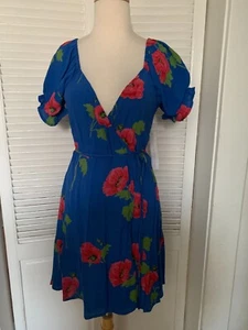 Flynn Skye Annabelle Mini Wickelkleid Damen Tiefsee Blau Rot Geblümt Größe L - Bild 1 von 6