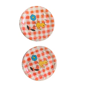 Ohio Art children's plate Duck and daisy metal plaid lot of 2 plates - Picture 1 of 7